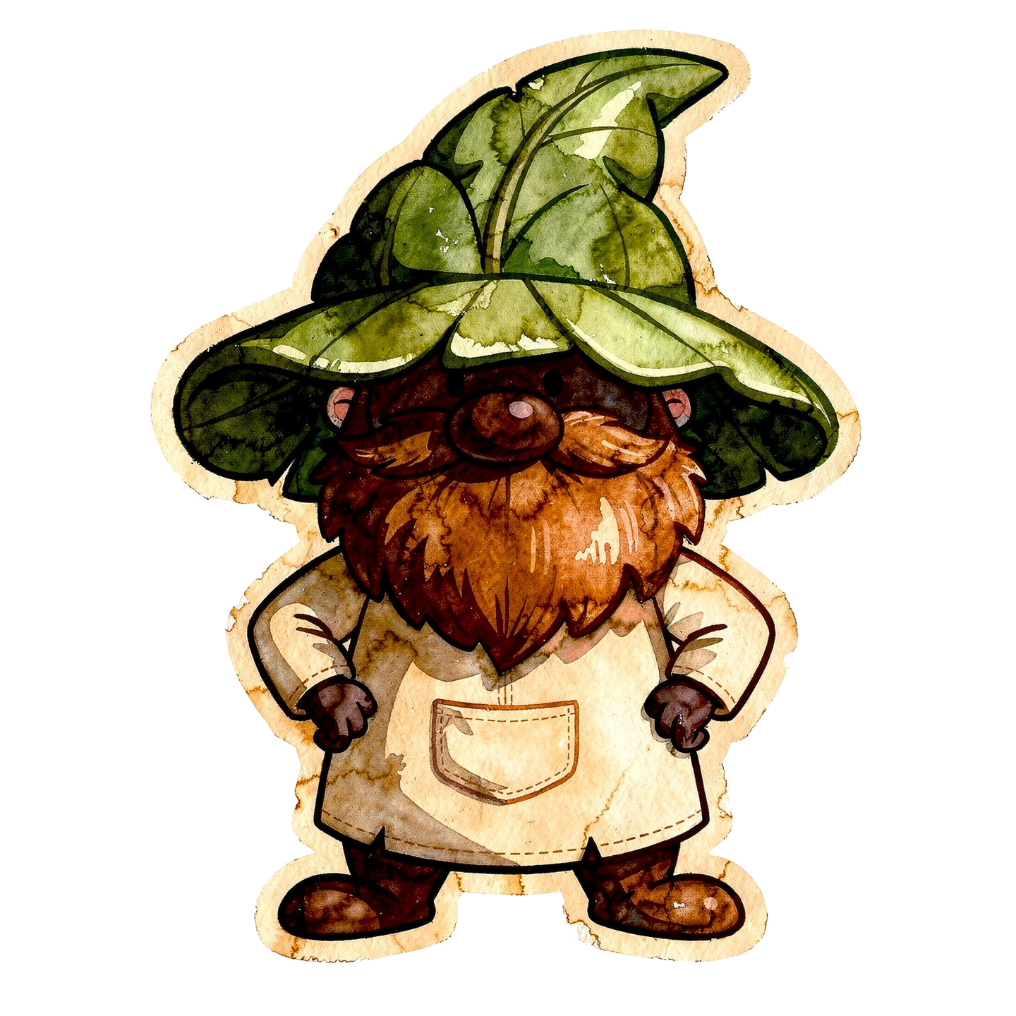 The Planter — a watercolor gnome with a deep brown complexion and green leaf hat, standing hands-on-hips surveying his garden beds