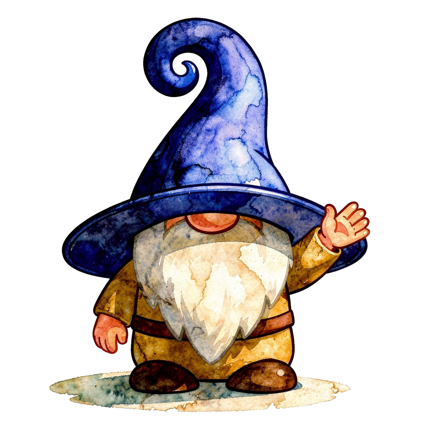 The Greeter — a whimsical watercolor gnome with a tall blue swirling hat and warm brown beard, waving a friendly hello