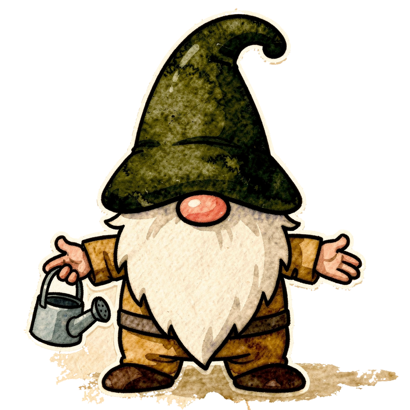 The Watcher — a watercolor gnome with a light olive complexion and mossy dark green hat, gazing thoughtfully up at the sky