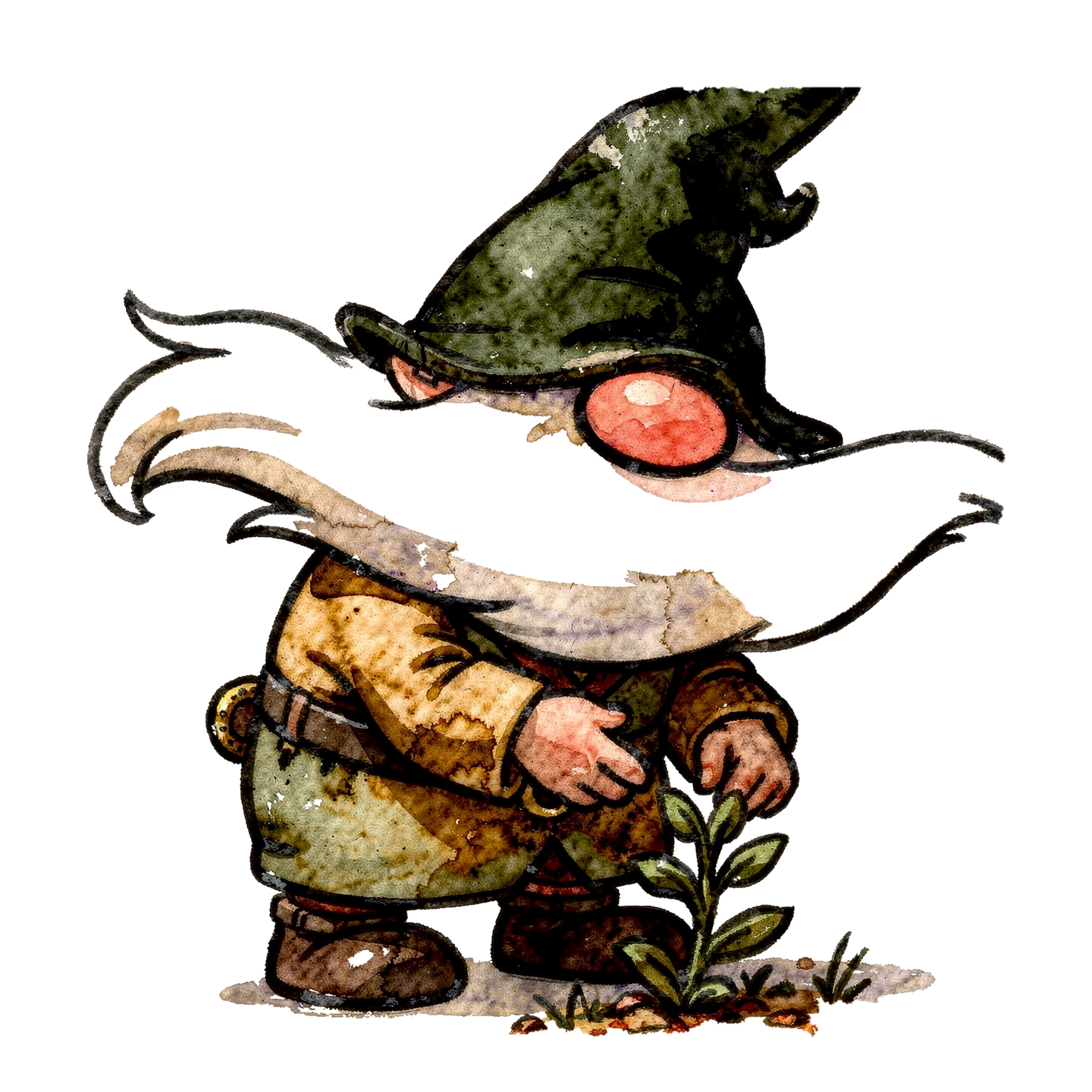 The Watcher — watercolor gnome with mossy dark green hat, squinting up at a bright sunny sky