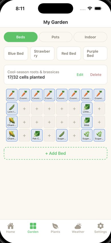 Raised bed planner showing a grid of planted crops including Cosmic Purple carrots
